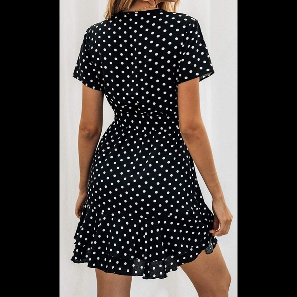 Black polka dot v-neck ruffle hem mini wrap dress - Picture 2 of 2